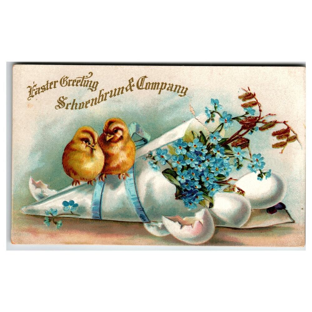 Vintage Easter Greeting Postcard Chicks Forget-Me-Nots Schoenbrun Ad
